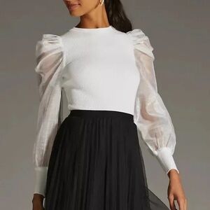 Anthropologie DOLAN Left Coast Puff-Sleeve Top Ribbed Knit Sheer Sleeve Sweater